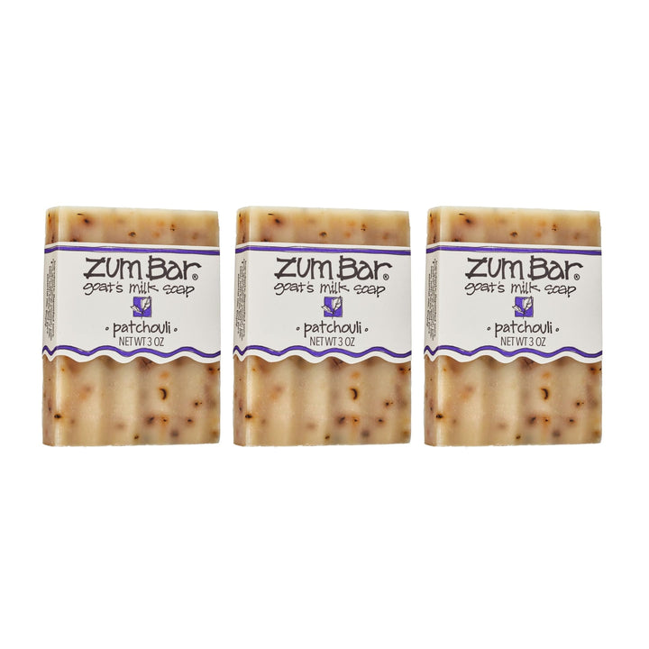 Indigo Wild Zum Patchouli front packaging showing three soap bars and brand benefit