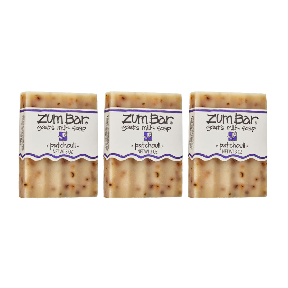 Indigo Wild Zum Patchouli front packaging showing three soap bars and brand benefit