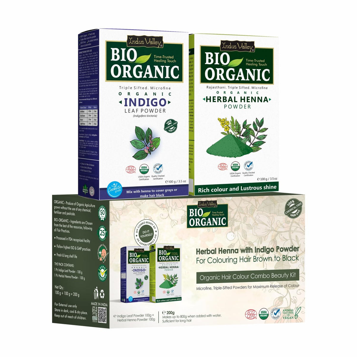 INDUS VALLEY front packaging showing organic henna and indigo combo benefits