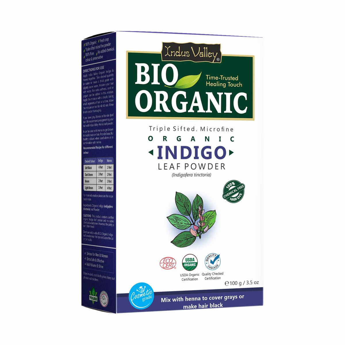 Indus Valley front pouch showing organic indigo powder and packaging benefits
