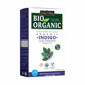 Indus Valley front pouch showing organic indigo powder and packaging benefits