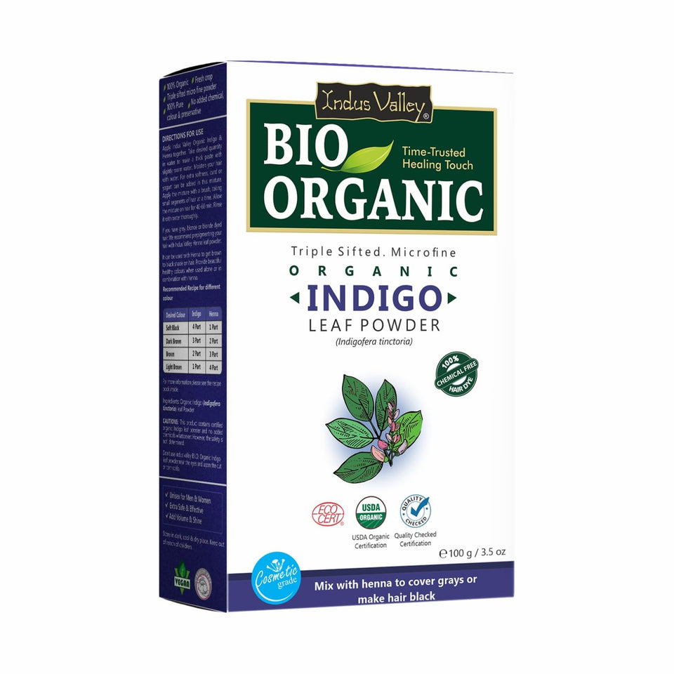 Indus Valley front pouch showing organic indigo powder and packaging benefits