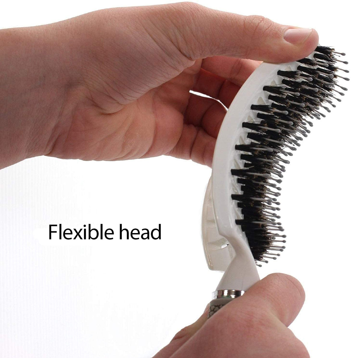 Ineffable Care curved brush head demonstrating scalp contact for gentle detangling