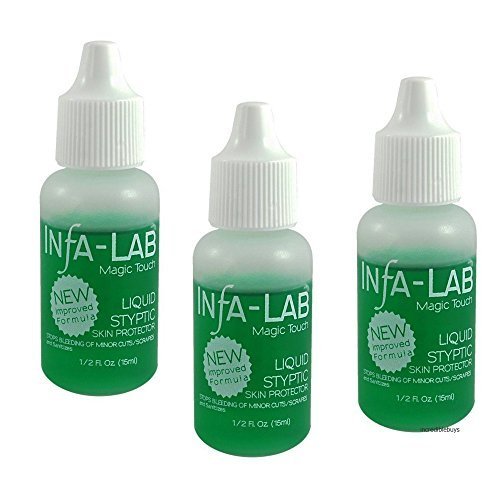 Infalab bottle front view showing compact styptic vial for quick bleeding control
