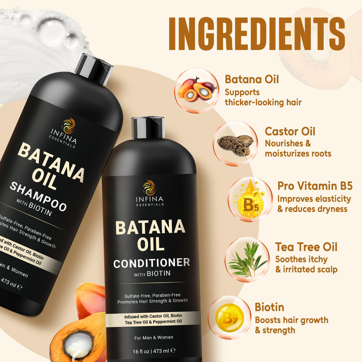 INFINA ESSENTIALS botanicals flatlay with batana oil and biotin ingredients