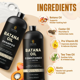 INFINA ESSENTIALS botanicals flatlay with batana oil and biotin ingredients