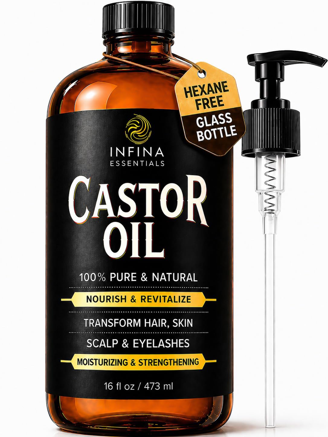 INFINA ESSENTIALS front bottle view showing label and amber glass protecting oil