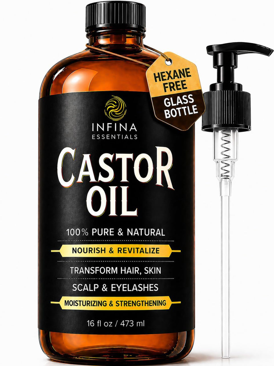 INFINA ESSENTIALS front bottle view showing label and amber glass protecting oil