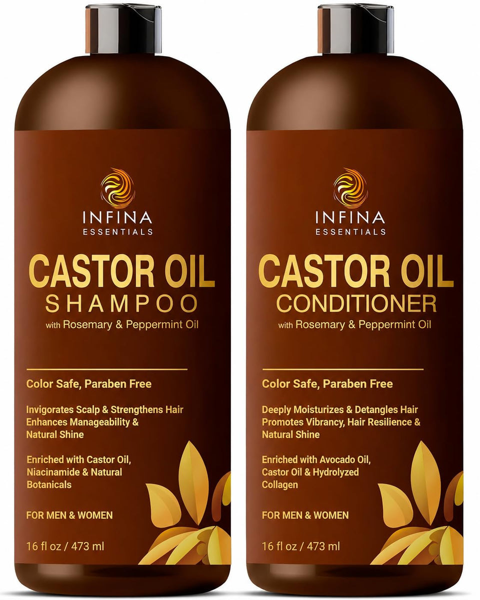 INFINA ESSENTIALS front packaging of shampoo and conditioner set showing bottles