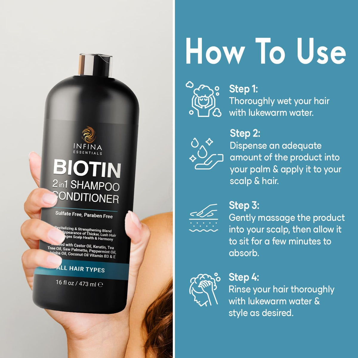INFINA ESSENTIALS ingredients laid out including biotin and oils for benefits