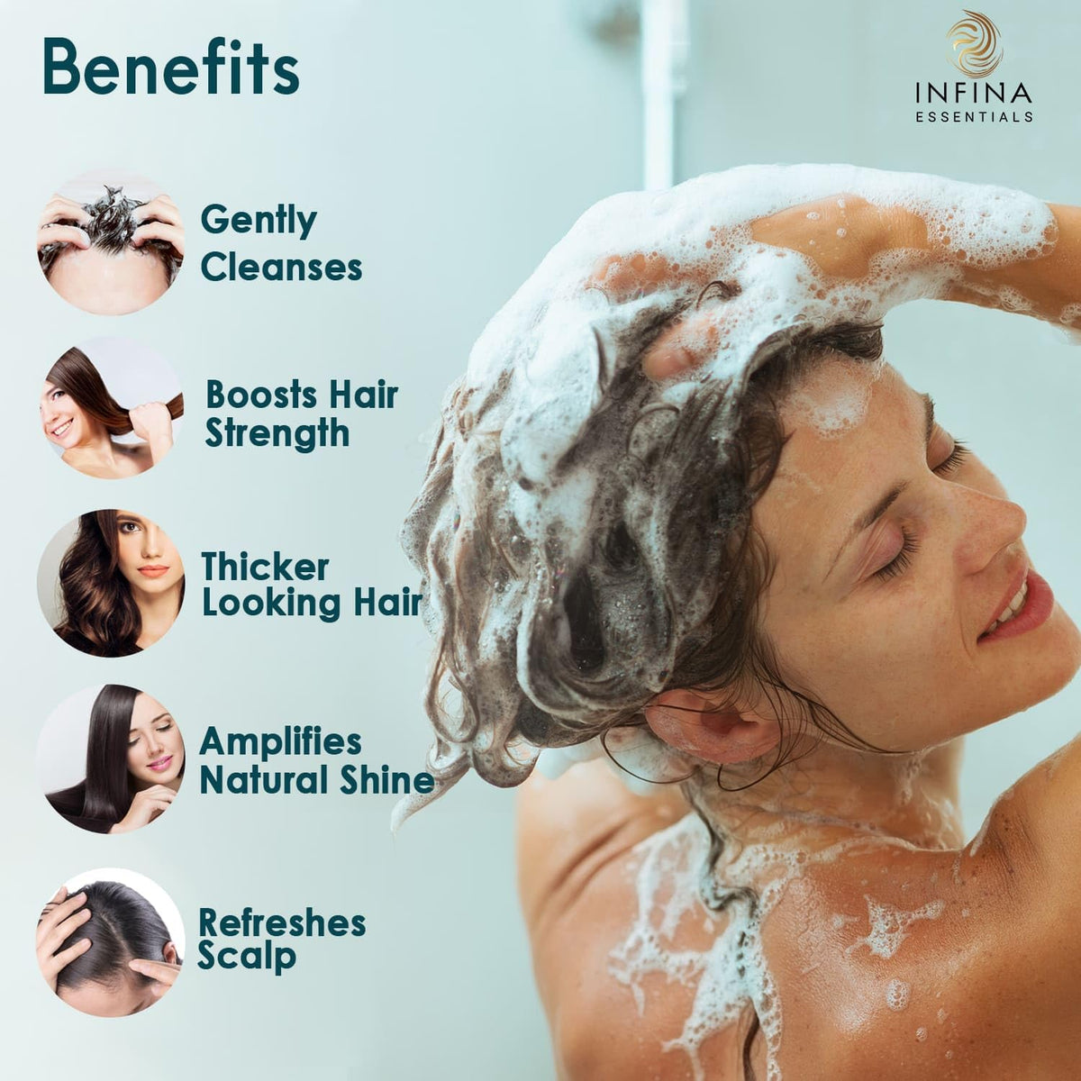 INFINA ESSENTIALS shampoo texture pouring to show silky, conditioning lather