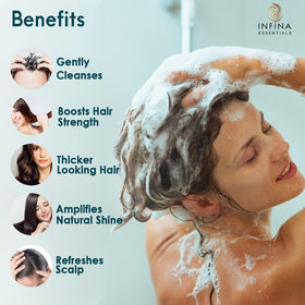 INFINA ESSENTIALS shampoo texture pouring to show silky, conditioning lather