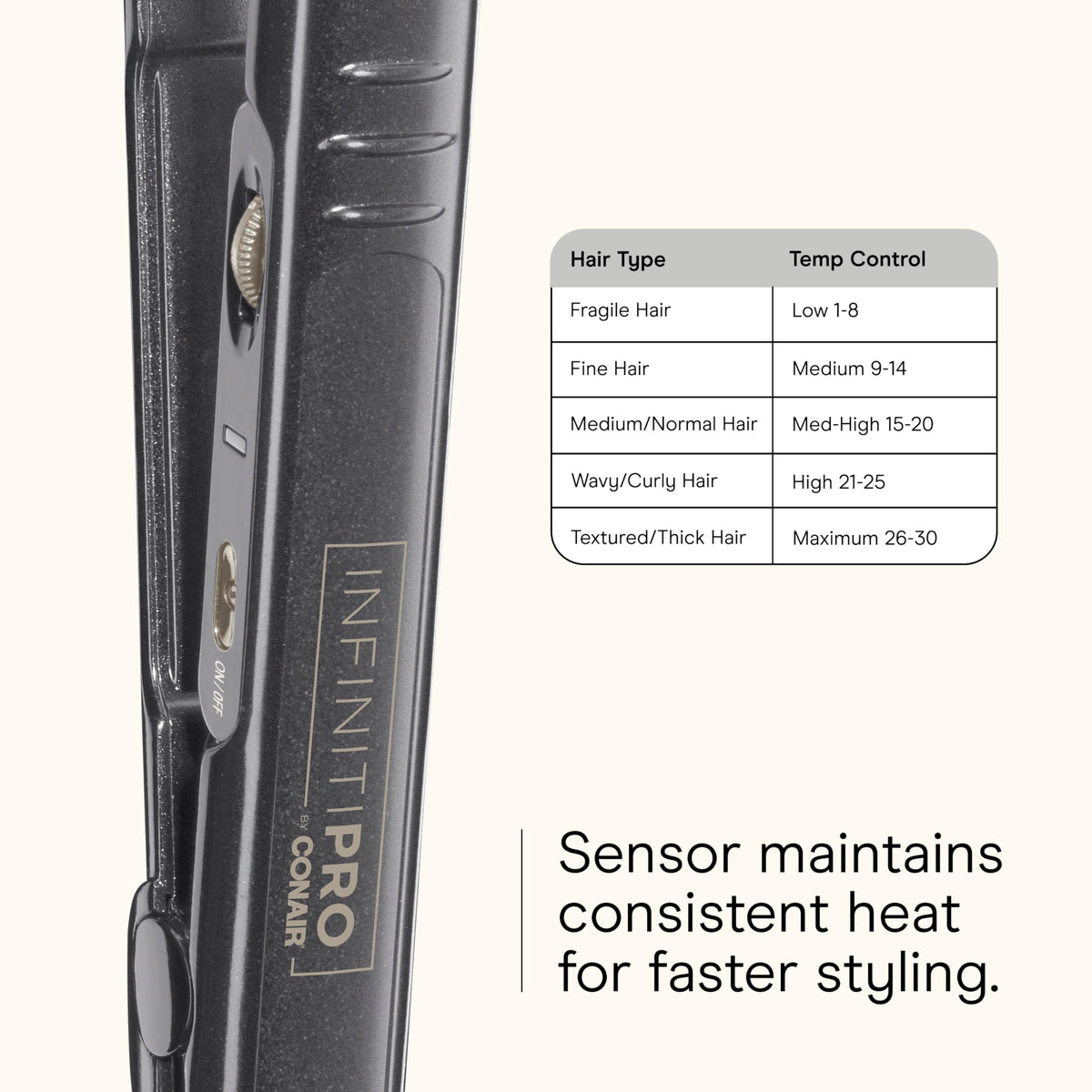 INFINITIPRO BY CONAIR flat iron held in hand to show scale and comfortable grip