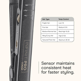INFINITIPRO BY CONAIR flat iron held in hand to show scale and comfortable grip