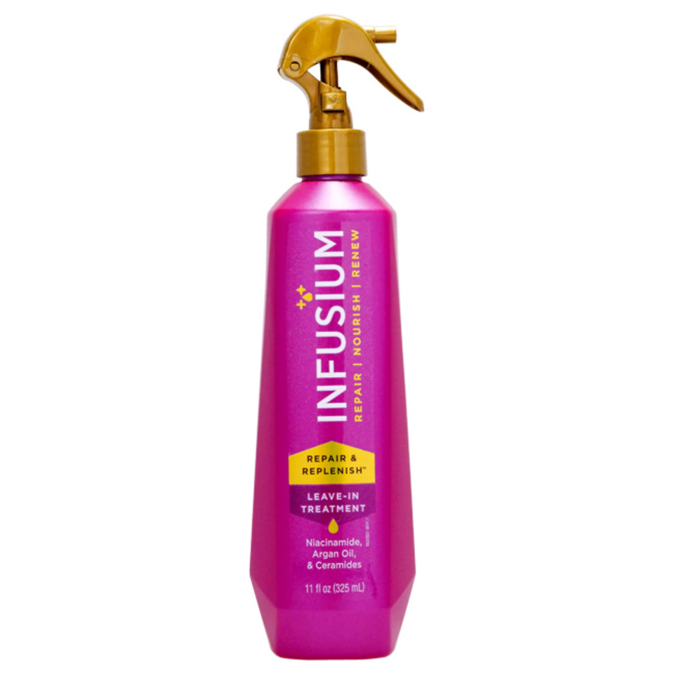Infusium front packaging 11 oz bottle showing label and spray nozzle benefit: clear identification and easy application