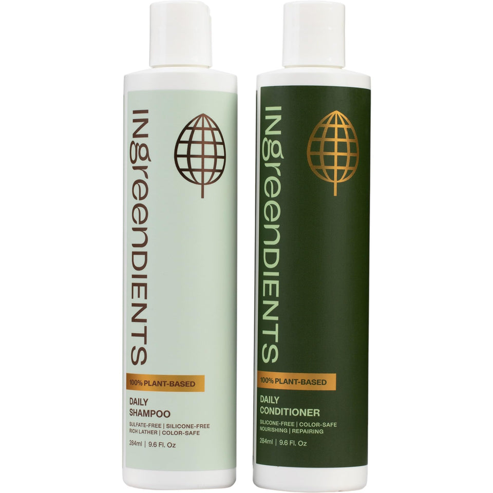 Ingreendients front packaging showing shampoo and conditioner, clean branding benefit