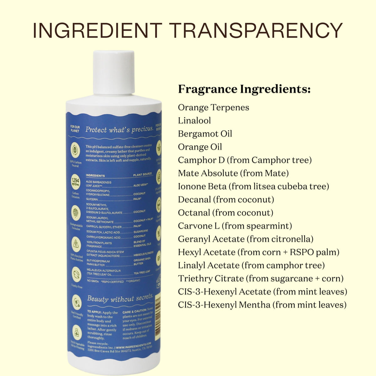 Ingreendients recycled-bottle back label showing eco-friendly packaging details
