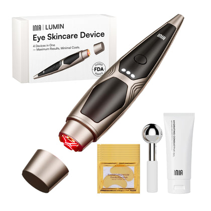 INIA eye massager front view showing controls and sleek design for convenient care