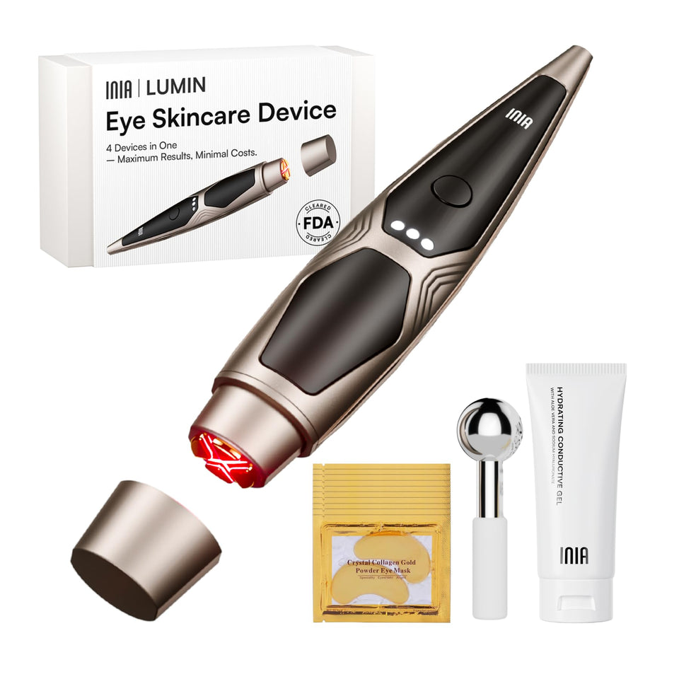 INIA eye massager front view showing controls and sleek design for convenient care