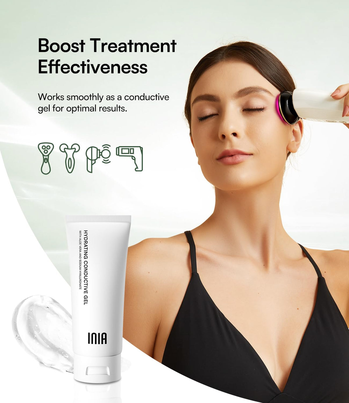 INIA product label highlighting aloe leaf extract and sodium hyaluronate for soothing