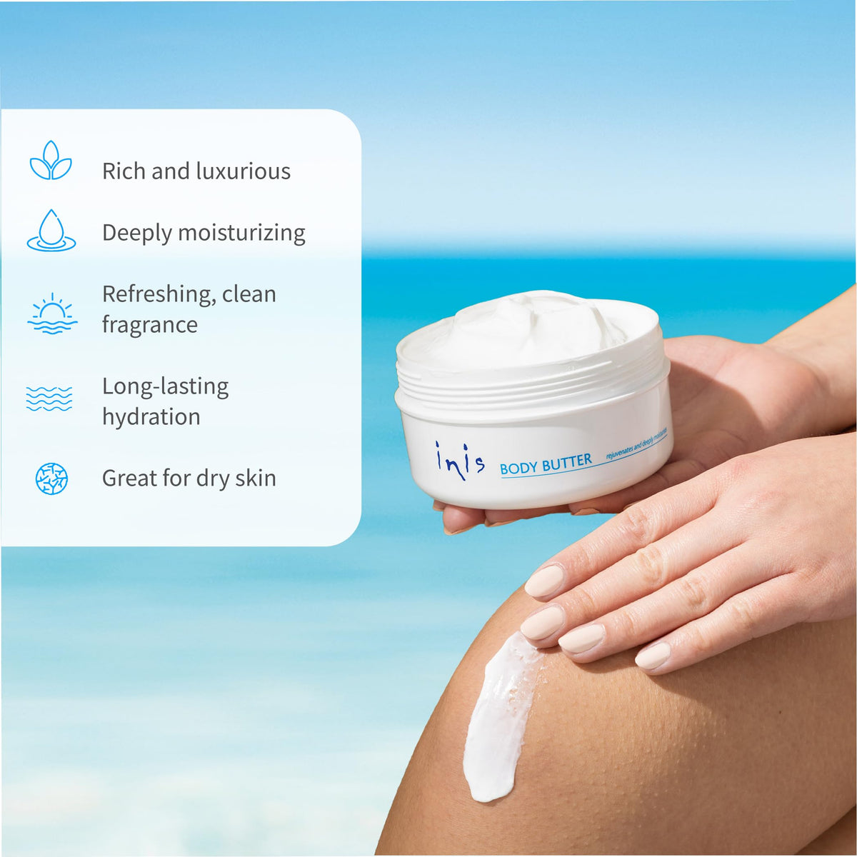 Hand applying Inis body butter to skin demonstrating smooth absorption benefit