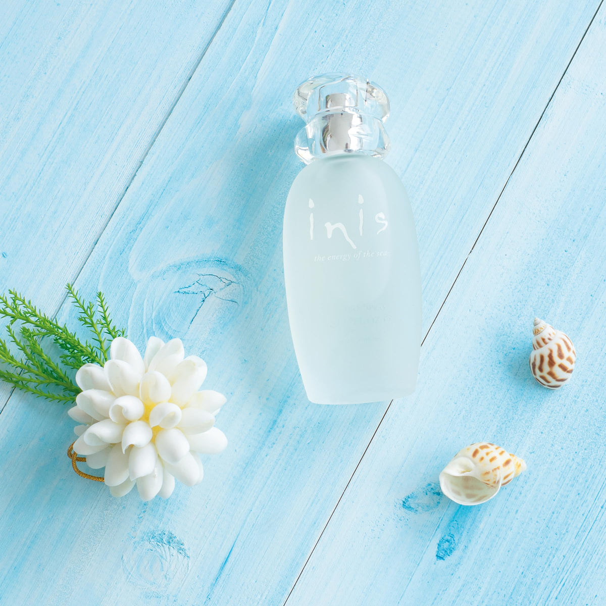 Inis bottle styled in bathroom setting conveying dressing-room appeal benefit