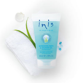 Inis travel bottle inside a toiletry bag demonstrating portability and convenience