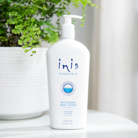 Inis lotion texture close-up demonstrating creamy hydration and smooth spread