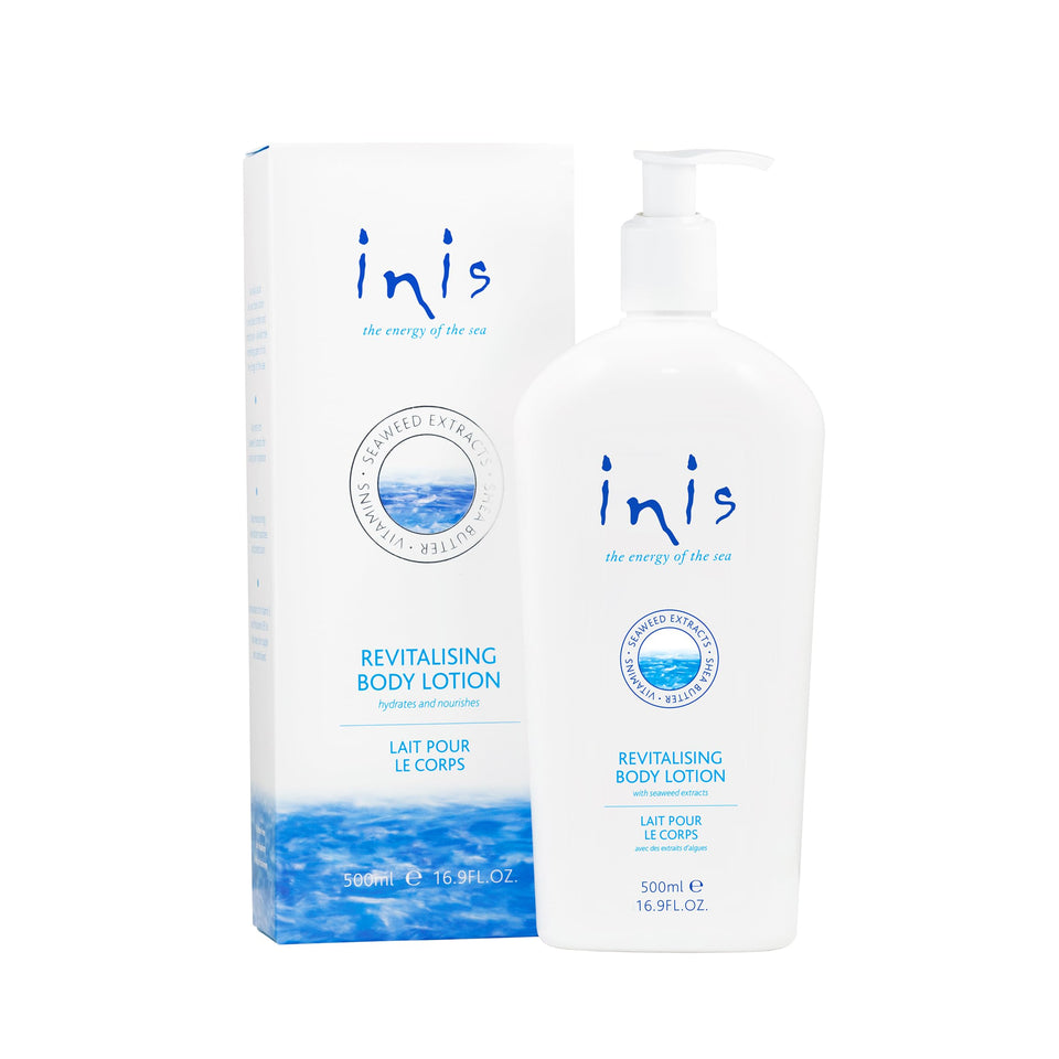 Inis pump bottle front view showing brand and easy-dispense pump benefit