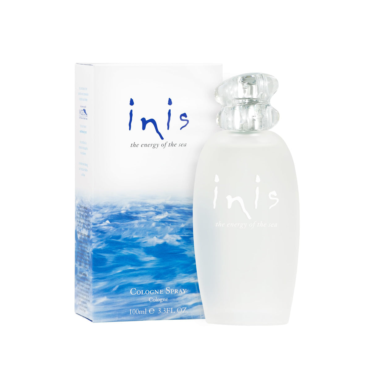 Inis frosted bottle front view showing coastal design and elegant display benefit