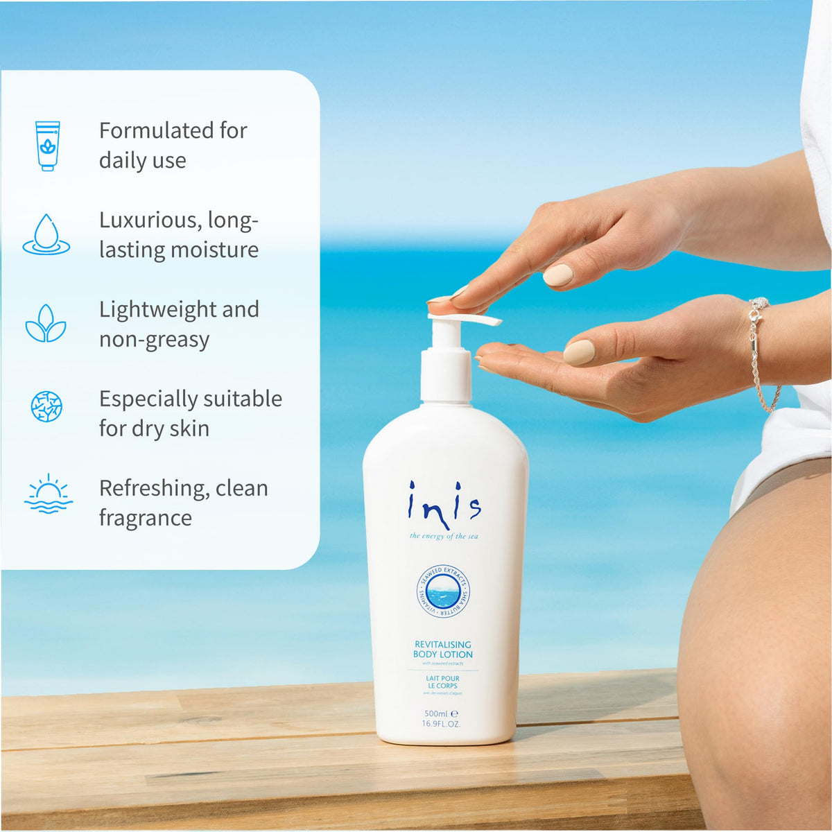 Inis product label close-up highlighting seaweed, shea butter ingredients
