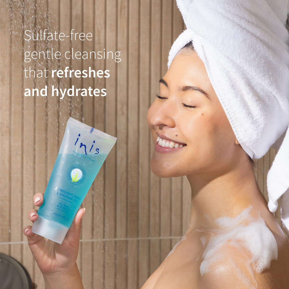 Inis lather texture on hand showing gentle foam and moisturizing benefit