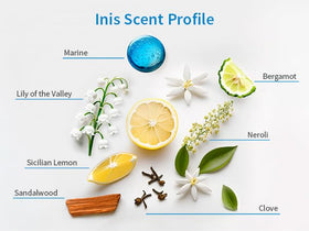 Inis roll-on placed on sandy beach near sea glass evoking coastal freshness