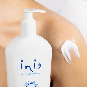 Inis pump dispensing lotion onto arm illustrating quick application benefit