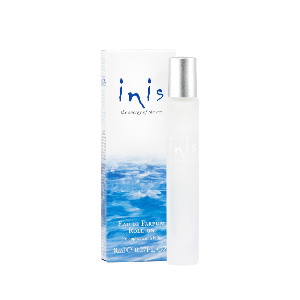 Inis roll-on front bottle showing frosted pebble design and portable size
