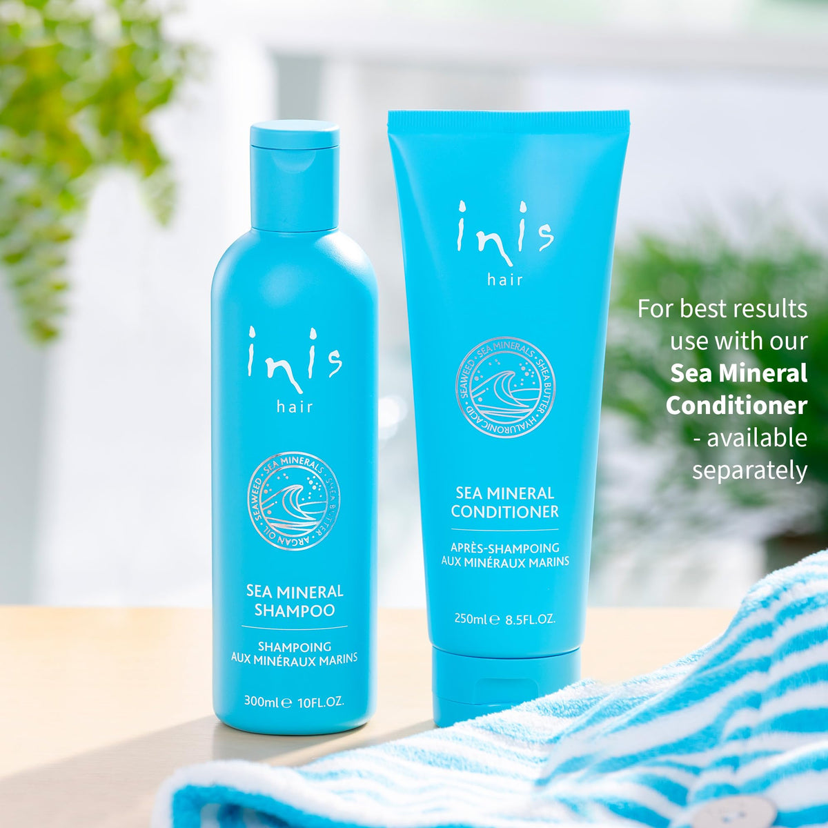 Inis the Energy of the Sea shampoo on bathroom shelf in natural light showing ocean-fresh lifestyle use
