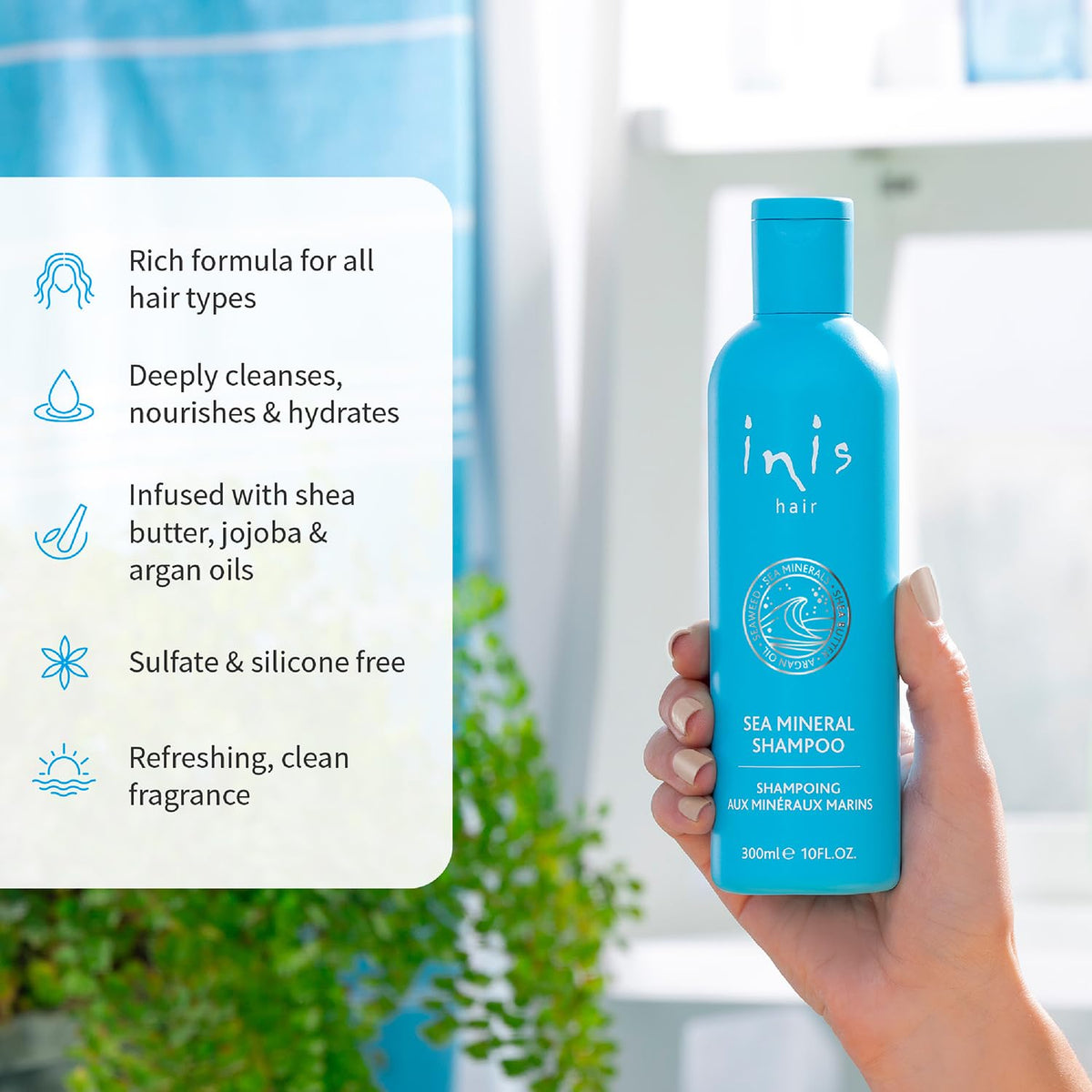 Inis the Energy of the Sea shampoo being poured and forming soft lather to demonstrate gentle cleansing