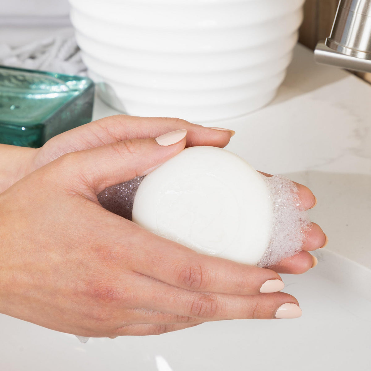 Inis soap lather closeup demonstrating rich creamy foam and gentle cleansing