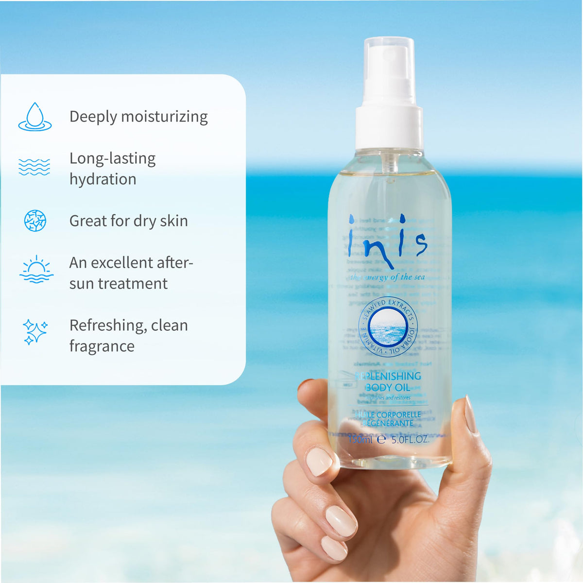 Inis the Energy of the Sea spray applied to leg showing quick post-shower hydration