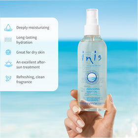 Inis the Energy of the Sea spray applied to leg showing quick post-shower hydration