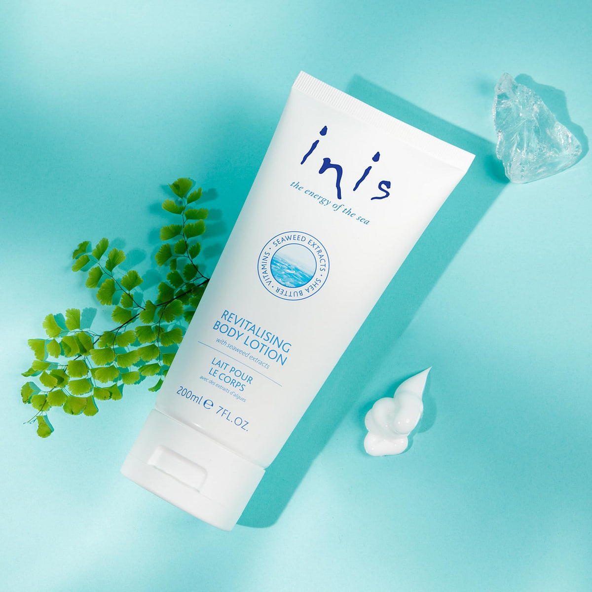 Inis creamy lotion texture close-up illustrating fast absorption and hydration
