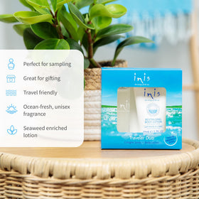 Inis travel kit flatlay in toiletry bag showing portability benefit