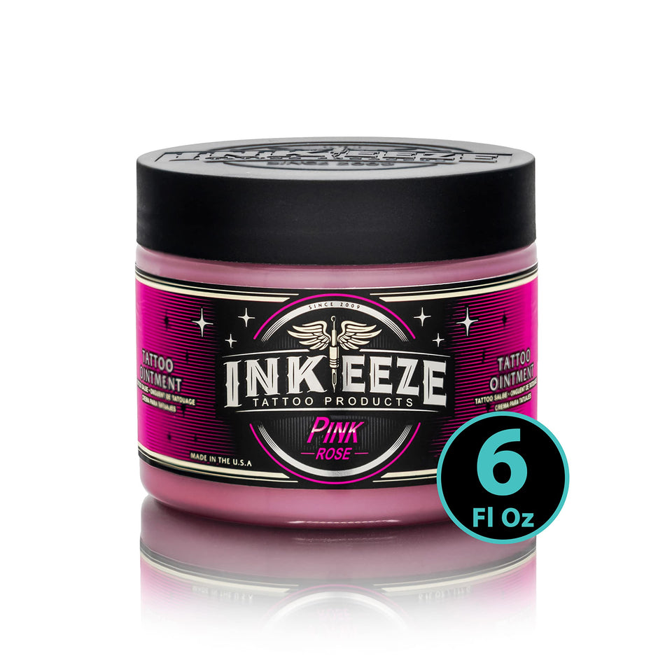 INK-EEZE pink tub front view showing branding and 6oz size for easy studio choice