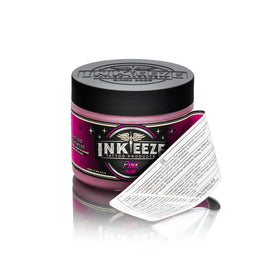 INK-EEZE open tub top view revealing creamy pink balm and convenient resealable lid