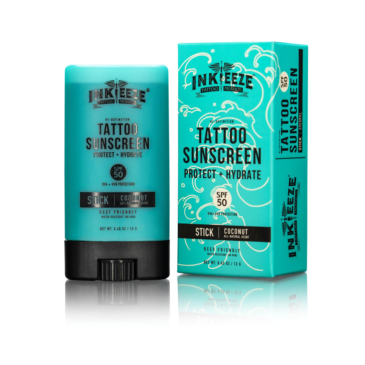 INK-EEZE front packaging showing compact SPF 50 stick protecting tattoos