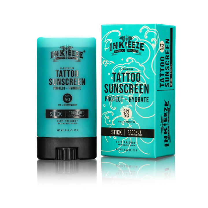 INK-EEZE front packaging showing compact SPF 50 stick protecting tattoos
