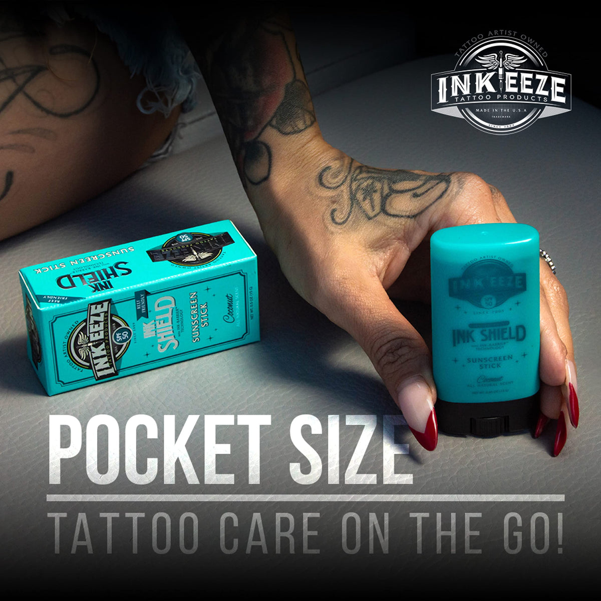 INK-EEZE being applied to a tattooed arm for visible protection