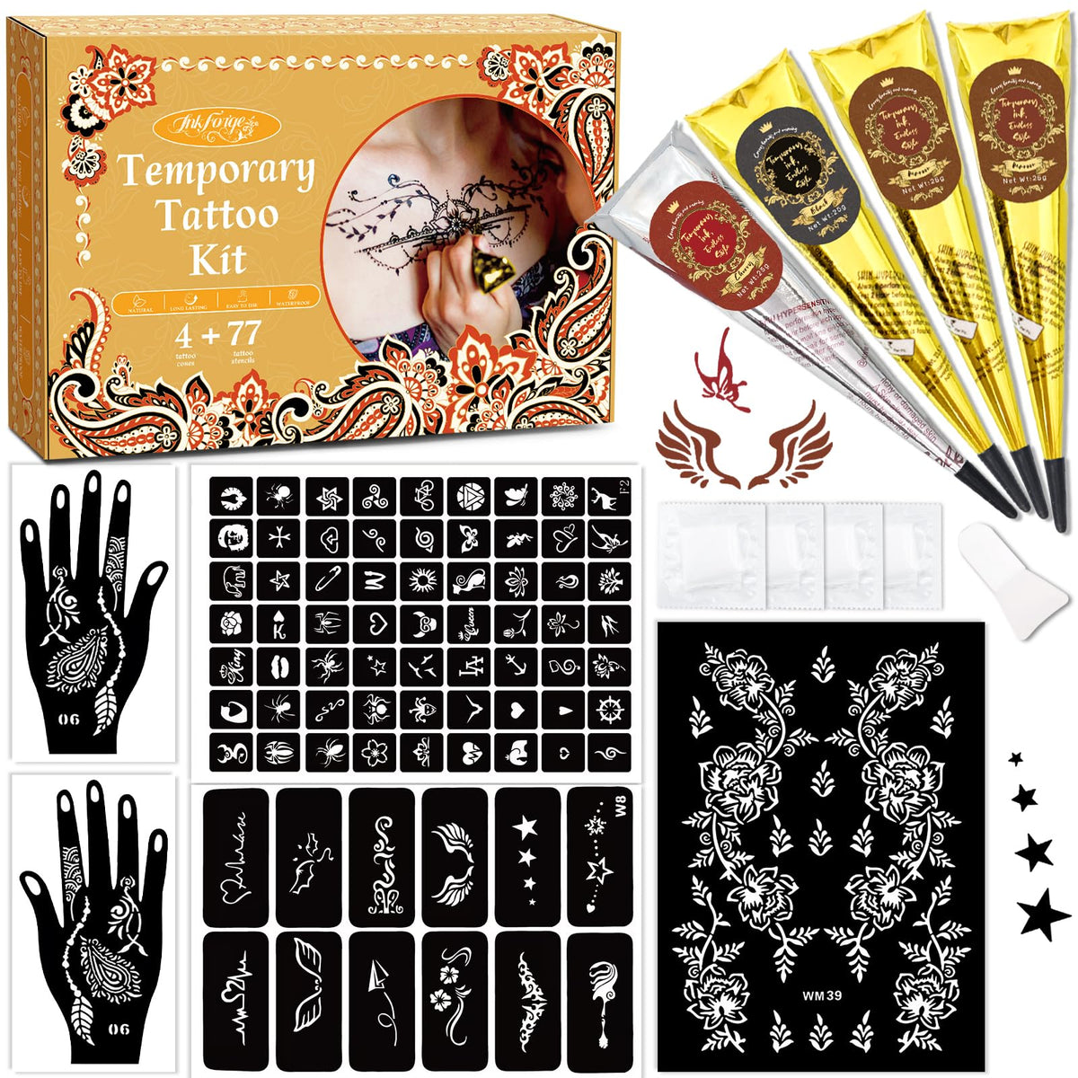 InkForge kit front packaging showing full temporary tattoo set and convenience