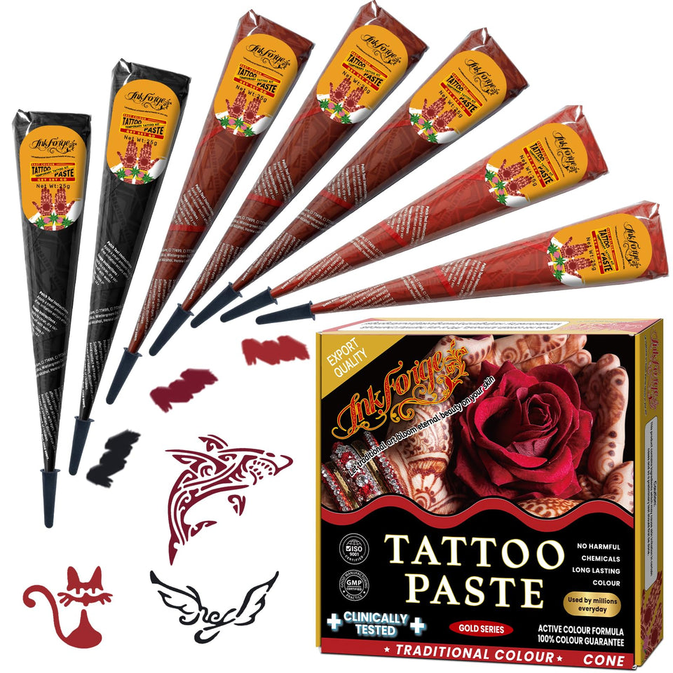 InkForge front packaging showing seven tattoo cones and included colors for easy selection