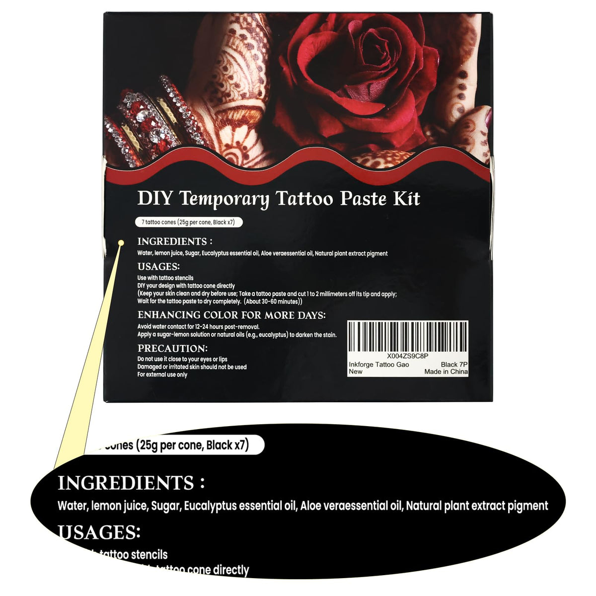 InkForge ingredient label highlighting plant-based oils for skin-friendly formulation
